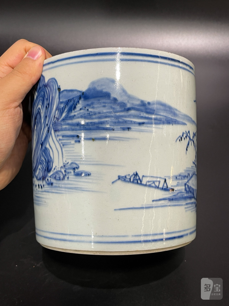 清康熙 青花山水松阁图笔筒 - 图9